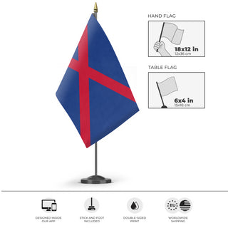 A mockup of the custom flag 'scotiland flag' as a desk flag and small hand waving flag