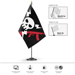 A mockup of the custom flag 'zapptastic flag' as a desk flag and small hand waving flag
