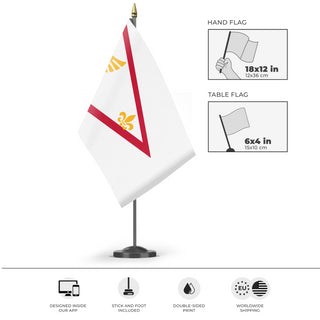 A mockup of the custom flag 'MABISKA FLAG' as a desk flag and small hand waving flag