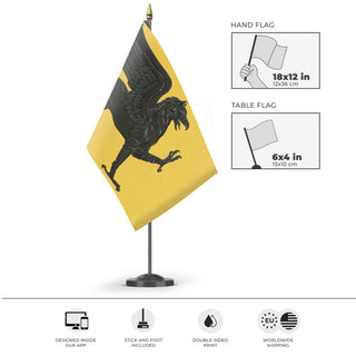 A mockup of the custom flag 'Tartaria flag' as a desk flag and small hand waving flag