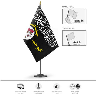 A mockup of the custom flag 'bewces flag' as a desk flag and small hand waving flag