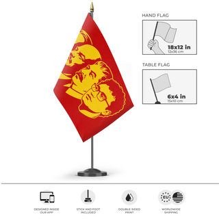 A mockup of the custom flag 'Marxism Leninism Totalism flag' as a desk flag and small hand waving flag
