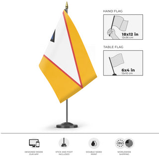 A mockup of the custom flag 'MIUE flag' as a desk flag and small hand waving flag