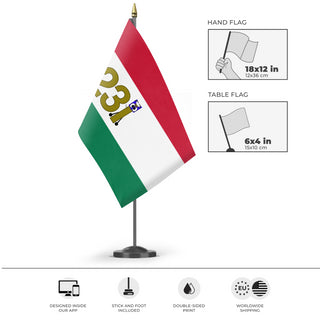 A mockup of the custom flag 'Taarklstan flag' as a desk flag and small hand waving flag