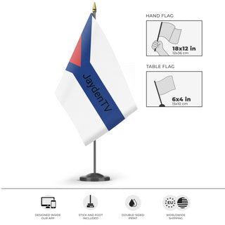 A mockup of the custom flag 'JaydenTV Flag' as a desk flag and small hand waving flag