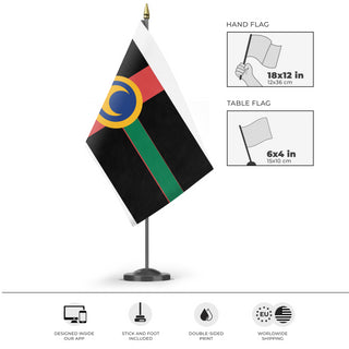 A mockup of the custom flag 'Kaleido-SPACE flag' as a desk flag and small hand waving flag