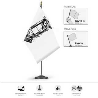 A mockup of the custom flag 'Guillotine Flag' as a desk flag and small hand waving flag