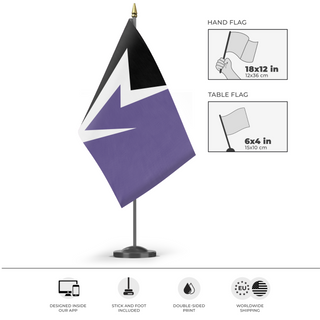 A mockup of the custom flag 'virl flag' as a desk flag and small hand waving flag