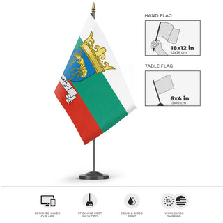 A mockup of the custom flag 'Flag of Bulgaria and UCCM' as a desk flag and small hand waving flag