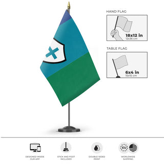 A mockup of the custom flag 'Flag of Juquoland' as a desk flag and small hand waving flag