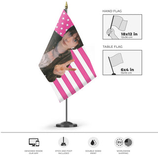 A mockup of the custom flag 'Hammy flag' as a desk flag and small hand waving flag