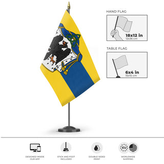 A mockup of the custom flag 'Missian Royal Flag' as a desk flag and small hand waving flag