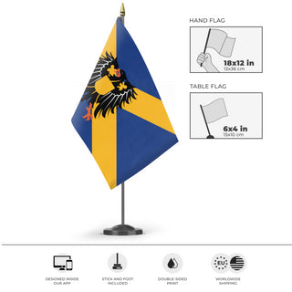 A mockup of the custom flag 'Base-Cubed Flag' as a desk flag and small hand waving flag