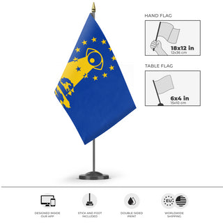 A mockup of the custom flag 'EU Chat Control Flag' as a desk flag and small hand waving flag