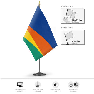 A mockup of the custom flag 'Morning Star flag' as a desk flag and small hand waving flag