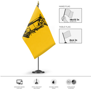 A mockup of the custom flag 'Yellow Guillotine flag' as a desk flag and small hand waving flag
