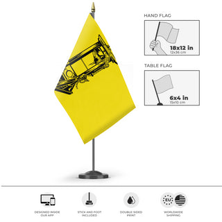 A mockup of the custom flag 'Yellow Guillotine flag' as a desk flag and small hand waving flag