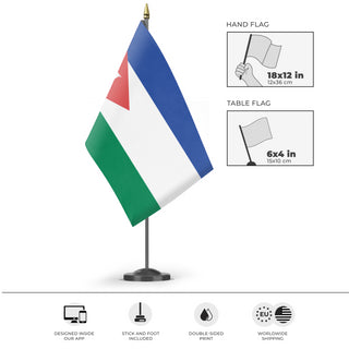 A mockup of the custom flag 'My cool dad's flag' as a desk flag and small hand waving flag