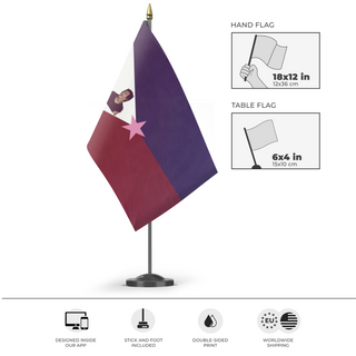 A mockup of the custom flag 'gracue nation flag' as a desk flag and small hand waving flag