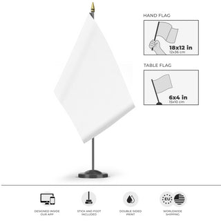 A mockup of the custom flag 'THE REPUBLIC OF Isemili flag' as a desk flag and small hand waving flag