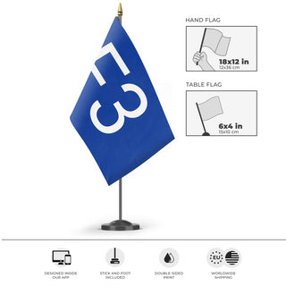 A mockup of the custom flag 'Flag of F3' as a desk flag and small hand waving flag