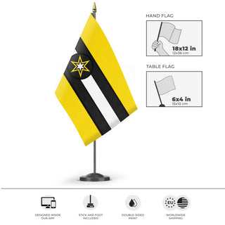 A mockup of the custom flag 'Eternal Kingdom of Arktosia flag' as a desk flag and small hand waving flag