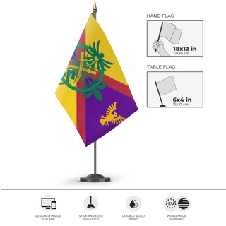 A mockup of the custom flag 'Empire of Caasia Hand Flag' as a desk flag and small hand waving flag