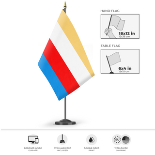 A mockup of the custom flag 'gdafsk flag' as a desk flag and small hand waving flag