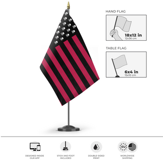 A mockup of the custom flag '1929 Invasion Protest flag' as a desk flag and small hand waving flag