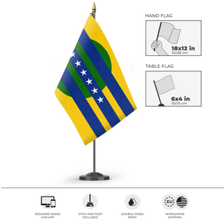 A mockup of the custom flag 'Flag of Bolivar State' as a desk flag and small hand waving flag