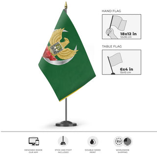 A mockup of the custom flag 'basilica flag' as a desk flag and small hand waving flag