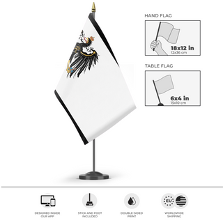 A mockup of the custom flag 'Flag of Prussia' as a desk flag and small hand waving flag