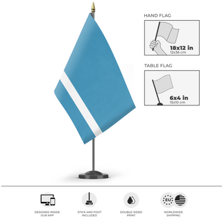 A mockup of the custom flag 'Aurelia flag' as a desk flag and small hand waving flag