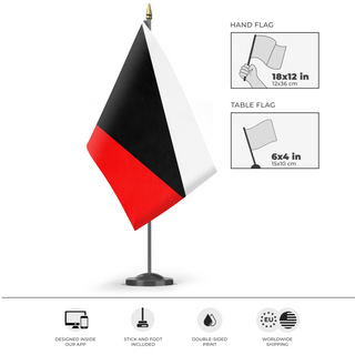 A mockup of the custom flag 'Ustio flag' as a desk flag and small hand waving flag