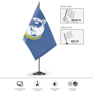A mockup of the custom flag 'Super Earth flag' as a desk flag and small hand waving flag