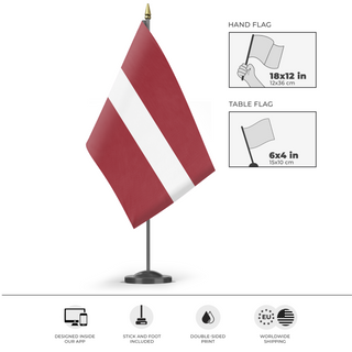 A mockup of the custom flag 'Latvian flag' as a desk flag and small hand waving flag