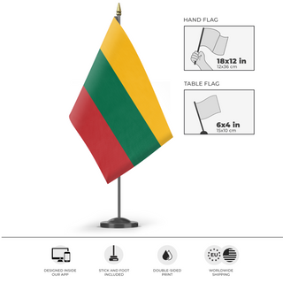 A mockup of the custom flag 'Lithuanian flag' as a desk flag and small hand waving flag