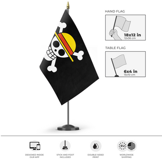 A mockup of the custom flag 'Smaller Straw Hats flag' as a desk flag and small hand waving flag