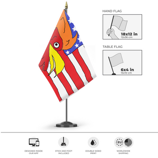 A mockup of the custom flag 'flag' as a desk flag and small hand waving flag
