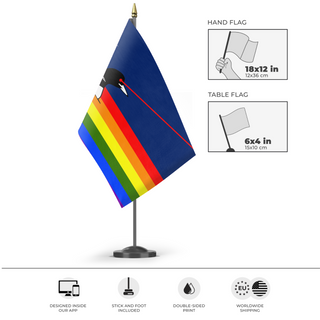A mockup of the custom flag 'Laser Loon Pride flag' as a desk flag and small hand waving flag