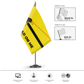 A mockup of the custom flag 'Minnesota Laser Loon Gadsden flag' as a desk flag and small hand waving flag