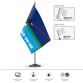 A mockup of the custom flag 'Don't Tread On Me Laser Loon flag' as a desk flag and small hand waving flag