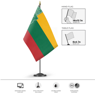 A mockup of the custom flag 'Lithuania Coat of Arms Flag' as a desk flag and small hand waving flag