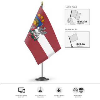 A mockup of the custom flag 'Latvian Coat of Arms Flag' as a desk flag and small hand waving flag