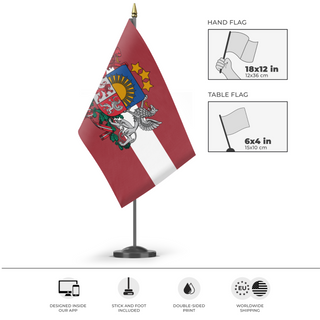 A mockup of the custom flag 'Latvian Coat of Arms flag' as a desk flag and small hand waving flag
