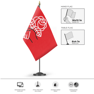 A mockup of the custom flag 'Democratic Socialists of America flag' as a desk flag and small hand waving flag