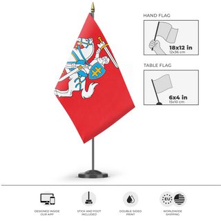 A mockup of the custom flag 'Lithuanian Coat of Arms flag' as a desk flag and small hand waving flag