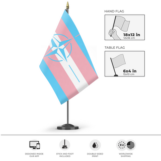 A mockup of the custom flag 'trans nato flag' as a desk flag and small hand waving flag