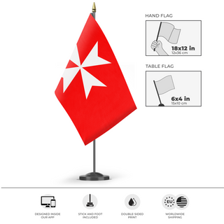 A mockup of the custom flag 'Order of Malta flag' as a desk flag and small hand waving flag
