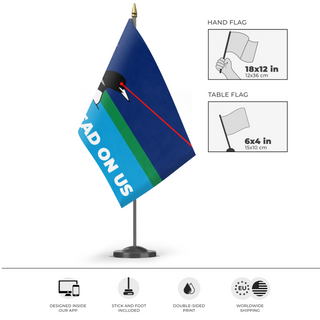 A mockup of the custom flag 'Laser Loon Don't Tread On Us flag' as a desk flag and small hand waving flag